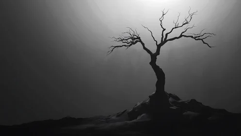 Solitary barren tree rises in stark monochrome haze
