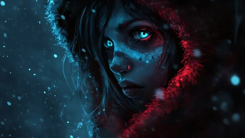 Ice-marked gaze carves neon fire through the midnight snow