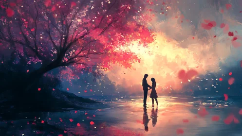 Two Figures Under Luminous Flowering Tree at Dusk