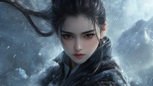 Snow-covered warrior woman portrait in icy mountain storm.