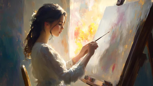 Sunlit painter weaving quiet dreams onto a glowing canvas.
