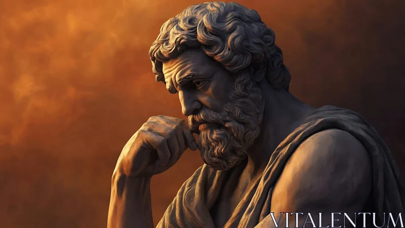 Classical philosopher bust in contemplative warm chiaroscuro.