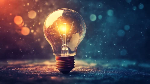 Glowing lightbulb radiates warm bokeh against cool night.