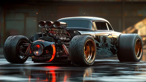 Custom black hot rod coupe with exposed engine at dusk.