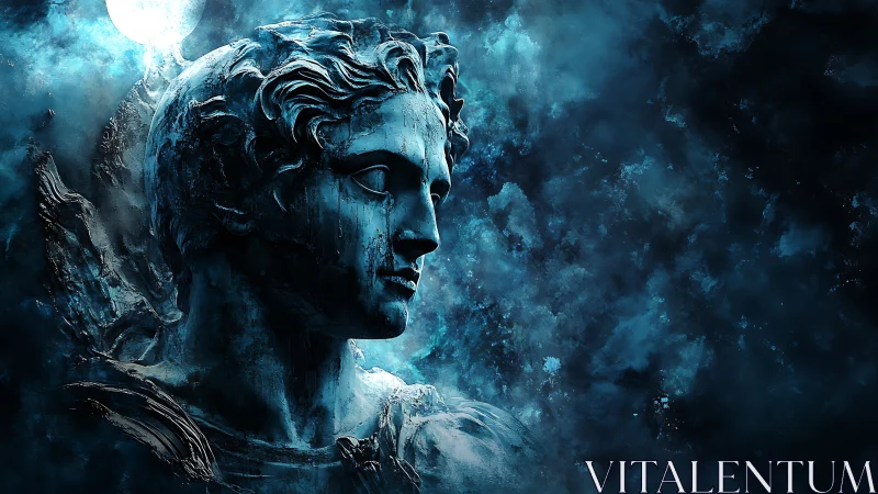 Moonlit marble guardian gazing into a swirling night sky.