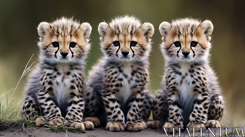 Three Young Cheetahs Seated on Ground Surface.