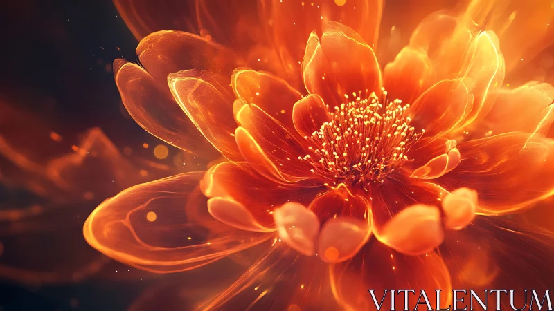 Luminous orange digital flower with glowing translucent petals.