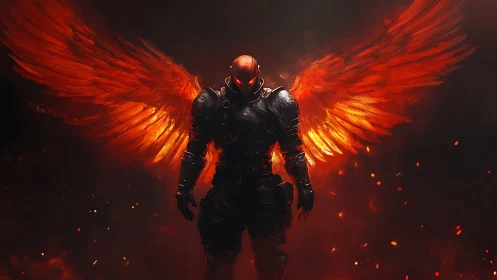 Armored fallen angel spreads blazing wings in ember storm