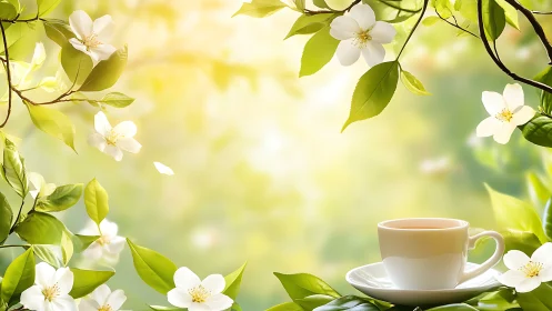 Morning tea cup rests amid jasmine blossoms and leaves.