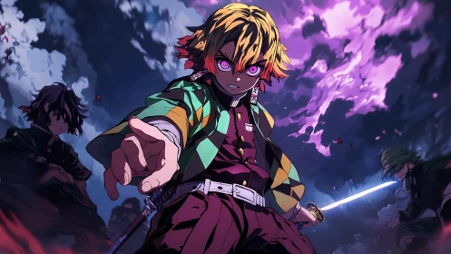 Intense anime swordsman under electrified magenta storm sky.