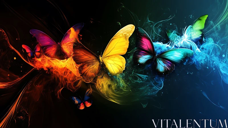 Vivid elemental butterflies streak across a dark cosmic void.