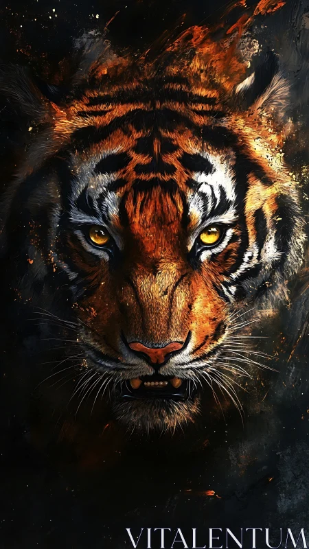 Fiery tiger portrait emerges from dark abstract background
