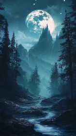 Moonrise above mist-clad peaks and a silver forest river.