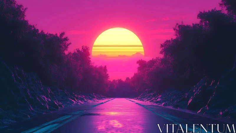 Neon sunset over wet road between dark forested hills.