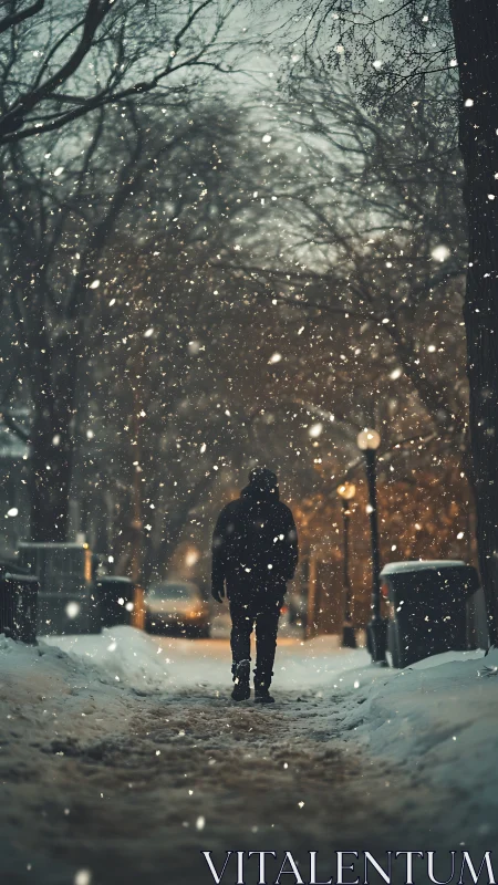 Soft winter snowfall welcomes a lone walker into quiet calm