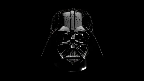 Iconic black sci‑fi helmet emerging from deep darkness.