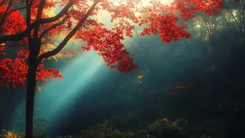 Backlit Deciduous Forest Canopy with Crimson Japanese Maple Foliage