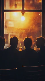 Four silhouetted figures seated at bar beneath warm light.
