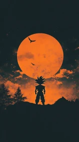 Silhouetted spiky‑haired warrior against oversized orange moon.