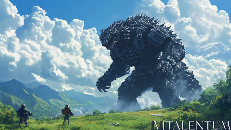 Digital painting of colossal mech titan in alpine valley showdown.