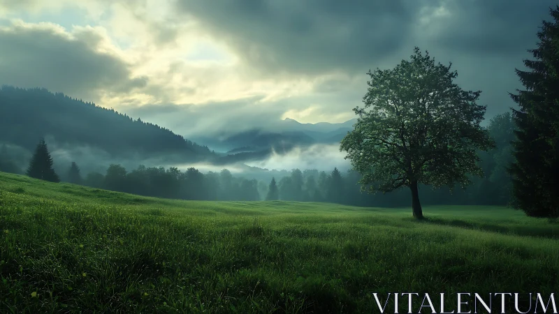 Solitary tree overlooks misty valley beneath stormy dawn sky