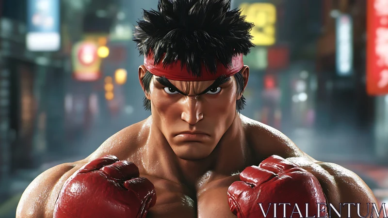 Streetwise fighter squares up under neon night skies.