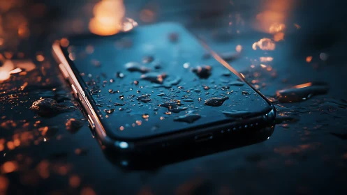 Water‑resistant smartphone on wet surface under bokeh lights