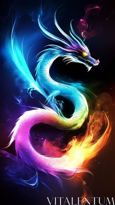 Serpentine dragon form rendered in multicolored luminous flames.