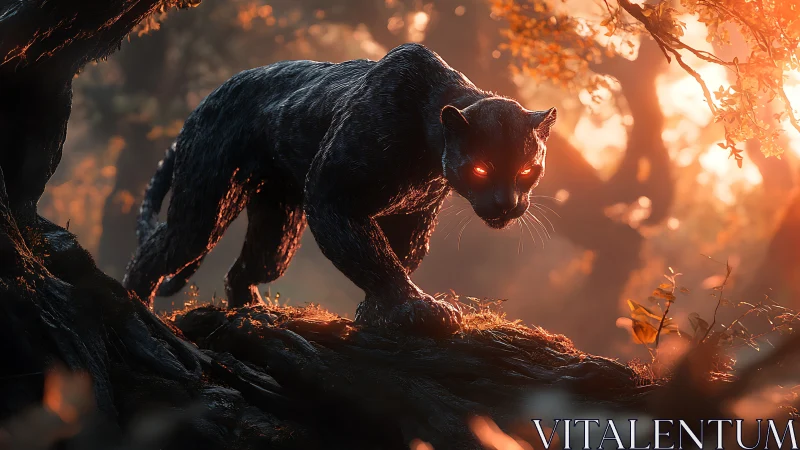 Bioluminescent-eyed panther stalks through backlit forest underbrush
