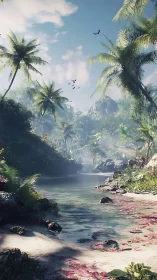 Tropical River Canyon with Palm Trees and Flying Birds.