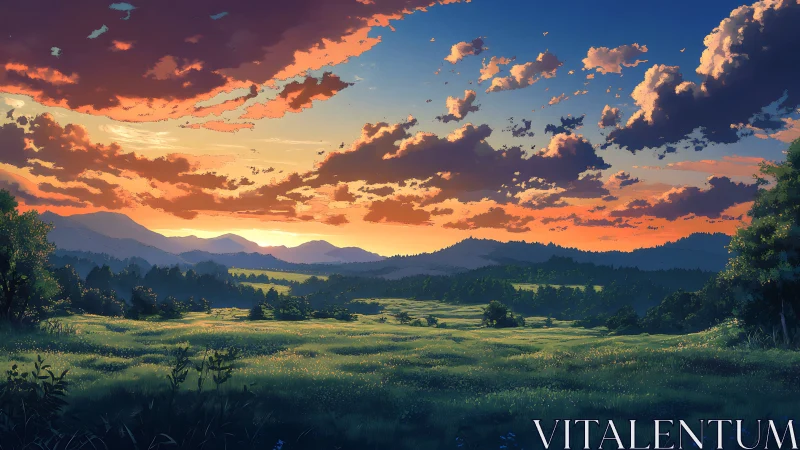 Evening light over distant hills and open grassland plain.