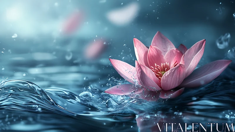 Gentle pink water lily dancing across glimmering waves.