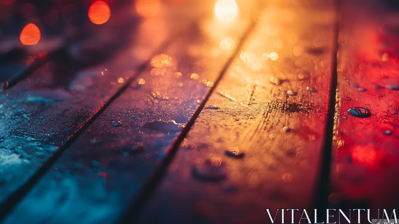 Wet wooden surface with colorful city light reflections.
