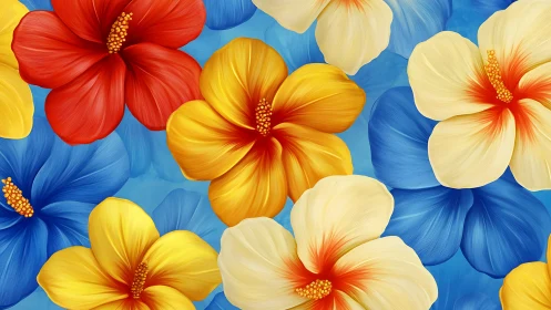 Vibrant Hibiscus Blooms Against Brilliant Blue Sky