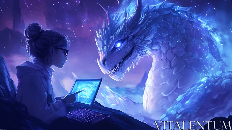 Digital sorcerer codes luminous ice dragon in neon void.