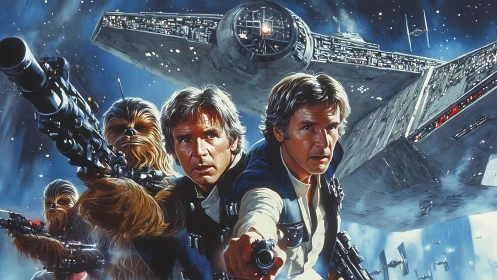 Blaster-bearing rogues surge forward beneath looming starship fire