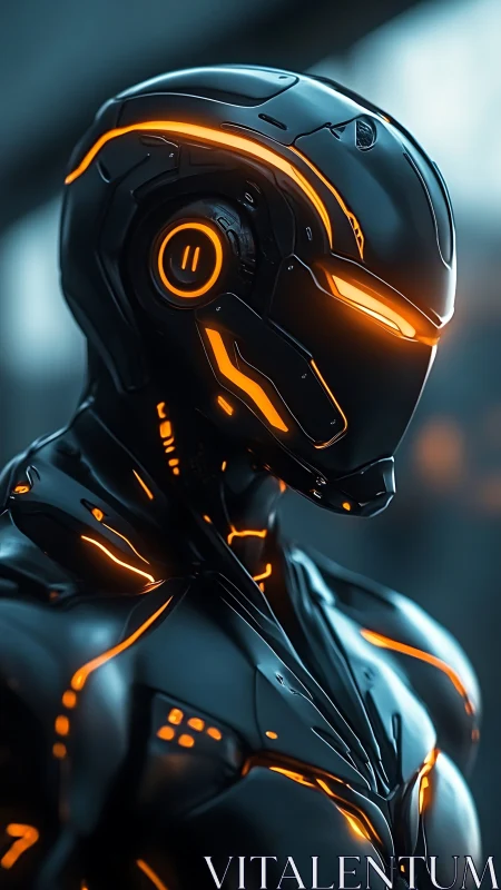 Futuristic black android with neon orange armor plating.