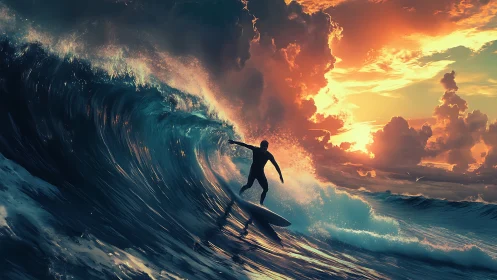 Surfer carving twilight wave beneath blazing storm sky.