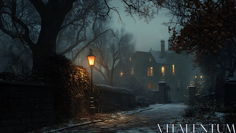 Lamplit manor broods under rain-soaked branches at dusk.