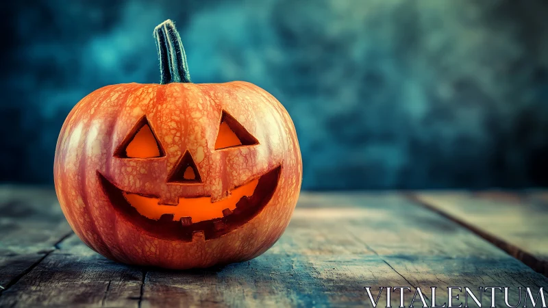 Glowing jack o lantern warms rustic wooden tabletop scene.