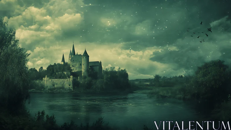 Medieval castle stands by reflective river under starry sky