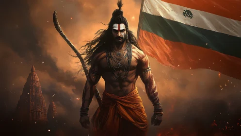 Warrior figure before temple ruins with flag backdrop.