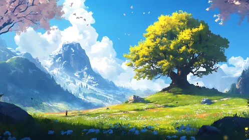 Sunlit giant tree keeps quiet watch over crystalline peaks