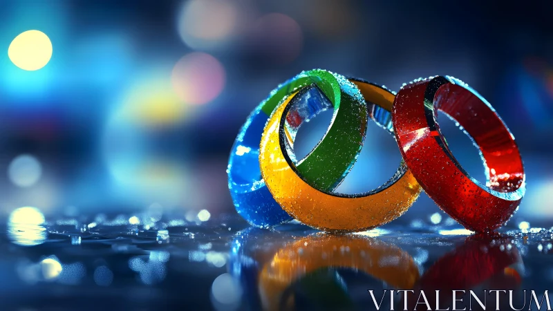 Colorful Interlocking Rings with Water Droplets, Vibrant Bokeh Style.