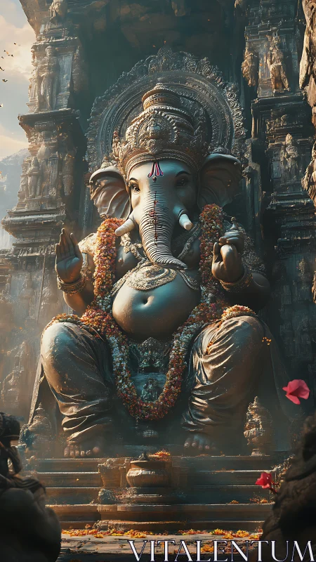 Majestic Ganesha stone idol dominates ornate temple sanctum