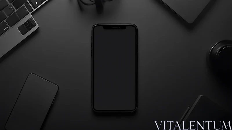 Midnight tech flatlay where a silent smartphone rules the shadows.