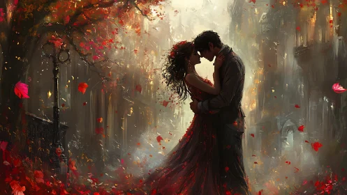 Romantic Urban Couple Embracing in Autumn Cityscape.