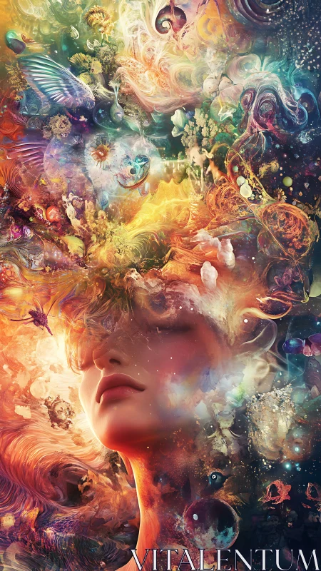 Neural chromatic dreamfield around meditative digital visage.