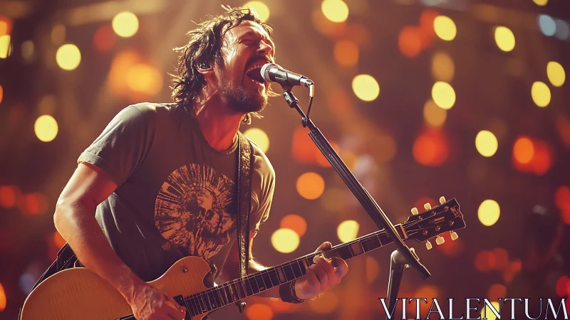 Gritty guitarist ignites golden bokeh storm onstage tonight.