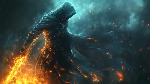 Hooded spectral warrior wields incandescent flame sword in storm